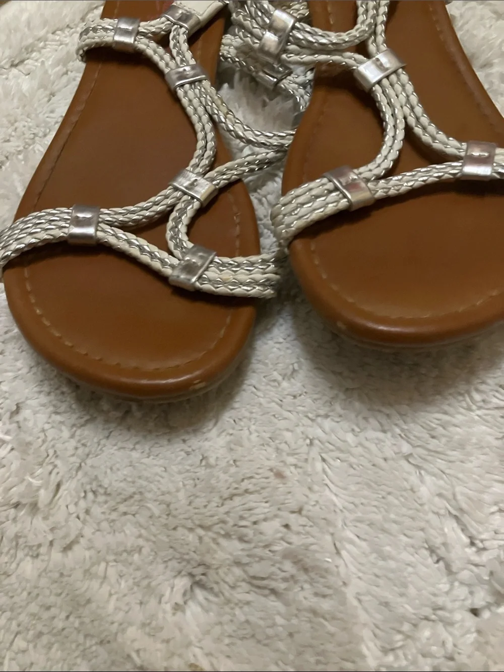 Candie's Braided Silver T-Strap Sandals with Brown Footbed